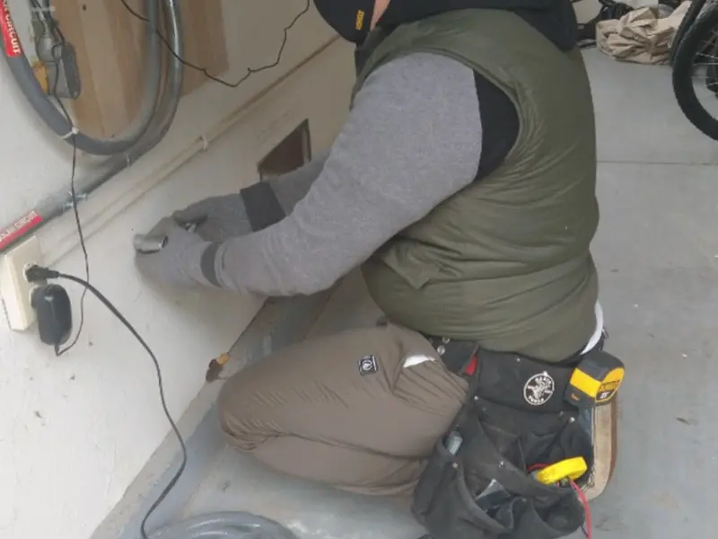 Electrician performing outlet wiring in a Grimes garage